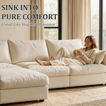 99" Cloud Modular Sectional Sofa with Storage, L‑Shaped Couch with Movable Ottoman, 4 Seater Oversized Cloud Sofa for Living Room, Chenille Fabric, Solid Wood Frame, Tool‑Free Assembly, Beige3