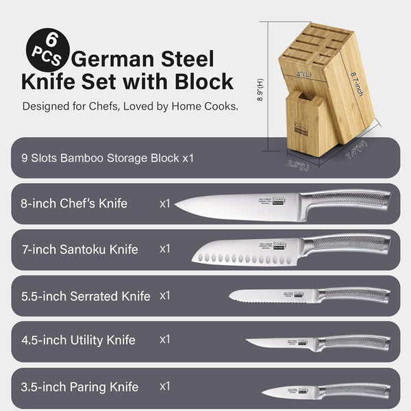 Classic Bamboo Kitchen Cutlery Block Set with Knifes, Stainless Steel Forge High Carbon German Blade with Expandable Bamboo Storage Block for Extra Slots, 6-Piece2