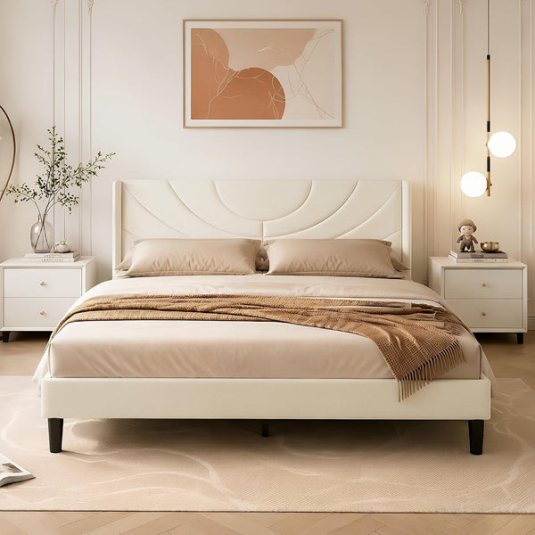 Upholstered Platform Queen Size Bed Frame with Fabric Headboard,Wooden Slats Support/No Box Spring Needed/Mattress Foundation,Beige1
