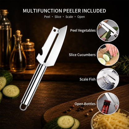 Japanese Knife Set with Peeler, 3-Piece Kitchen Knife Set with 8" Chef Knife, 7" Santoku Knife and 5" Utility Knife, High Carbon Stainless Steel Cooking Knives, Pakka Wood Handle7