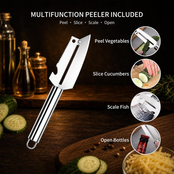 Japanese Knife Set with Peeler, 3-Piece Kitchen Knife Set with 8" Chef Knife, 7" Santoku Knife and 5" Utility Knife, High Carbon Stainless Steel Cooking Knives, Pakka Wood Handle7