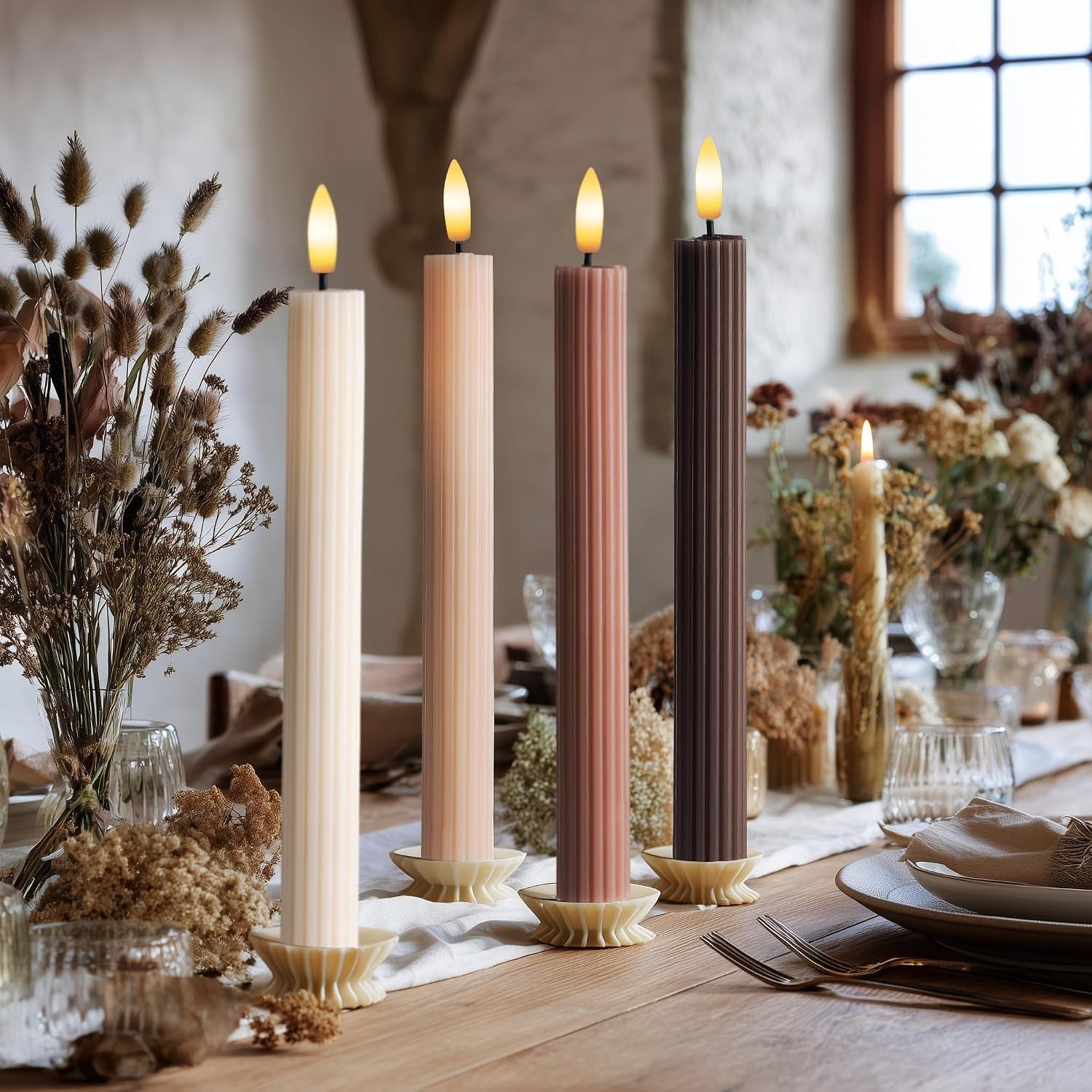 mocha-brown-coordinated-chocolatey-4-pack-10-real-wax-led-flameless-fluted-ribbed-grooved-taper-candles-remote-timer-memory-on-off-button-dimmable-battery-operated-menorah-wedding