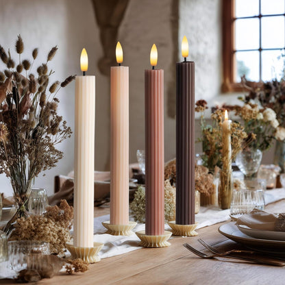 Mocha Brown Coordinated Chocolatey 4 Pack, 10" Real Wax LED Flameless Fluted Ribbed Grooved Taper Candles, Remote & Timer Memory, On/Off Button, Dimmable, Battery Operated, Menorah Wedding8