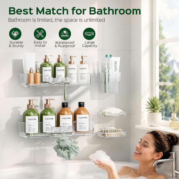 Adhesive Shower Caddy: 5 Pack Rustproof & Strong Adhesive Bathroom Organizers with Large Capacity, No-Drill Quick Installation - Space-Saving Storage Shelves for Renters & Home Decor - Clear3