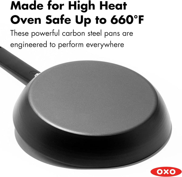 OXO Obsidian 12" Carbon Steel Frying Pan, Pre-Seasoned Skillet, Builds Natural Nonstick with Use, Induction Ready, Oven Safe, Removable Silicone Handle6