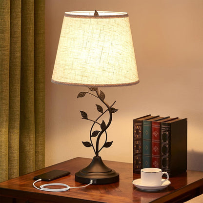Table Lamp for Living Room, Bedside Lamp for Bedroom, Rustic Lamp | Knob Switch, USB C+A Charging Ports, Corded, Traditional Rustic Leaf Lamp for Livingroom, Bedside, Bedroom, Nightstand1