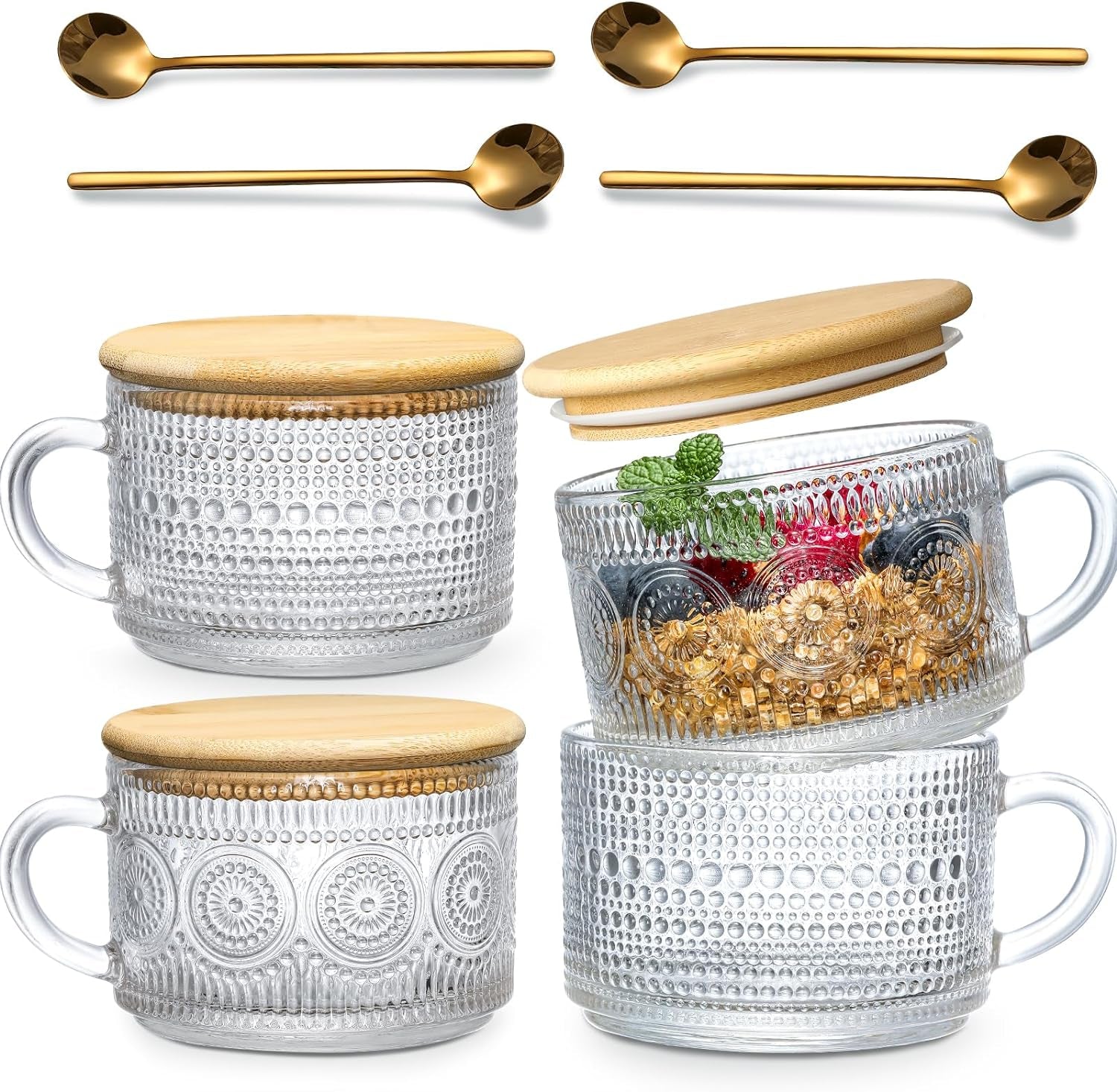 4pcs-set-vintage-coffee-mugs-gifts-for-women-overnight-oats-containers-with-bamboo-lids-and-spoons-14oz-clear-embossed-glass-cups-cute-coffee-bar-accessories-iced-coffee-glasses