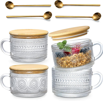 4Pcs Set Vintage Coffee Mugs Gifts for Women, Overnight Oats Containers with Bamboo Lids and Spoons - 14Oz Clear Embossed Glass Cups, Cute Coffee Bar Accessories, Iced Coffee Glasses1