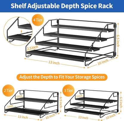 4 Tier Spice Rack for Cabinet, Spice Rack Organizer, Depth Adjustable Spice Holder for Countertop, Cupboard, Pantry, Seasoning Shelf, Metal, Black (1 Pack)4