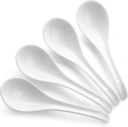 Soup Spoons, Ceramic Asian Soup Spoons, White Japanese Spoon Large for Ramen Pho Wonton Dumpling Miso, Deep Oval Hook Design, Set of 4 (4, Soft White)1