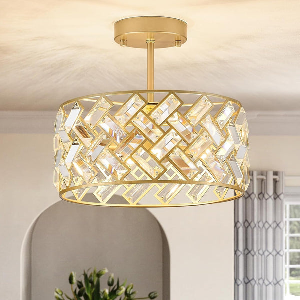 12" Gold Crystal Chandelier, Modern 4-Light Ceiling Light1