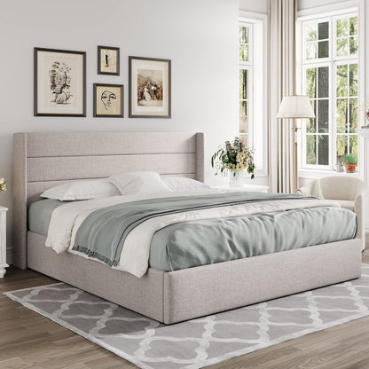 King Size Lift up Hydraulic Storage Bed Frame Light Beige8
