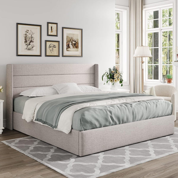 King Size Lift up Hydraulic Storage Bed Frame Light Beige8