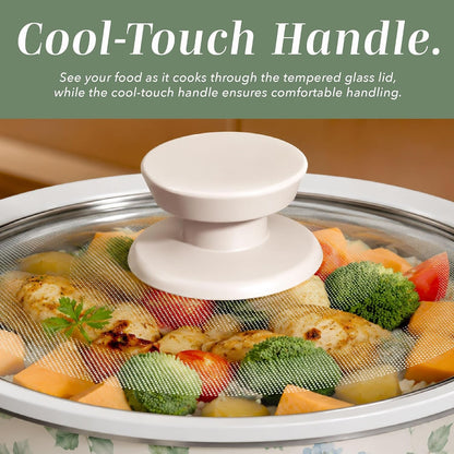 2QT Mini Electric round Slow Cooker - Adjustable Settings, Removable Stoneware Pot, Tempered Glass Lid, Dishwasher Safe, Cool-Touch Side Handles, Floral Blue/Green5