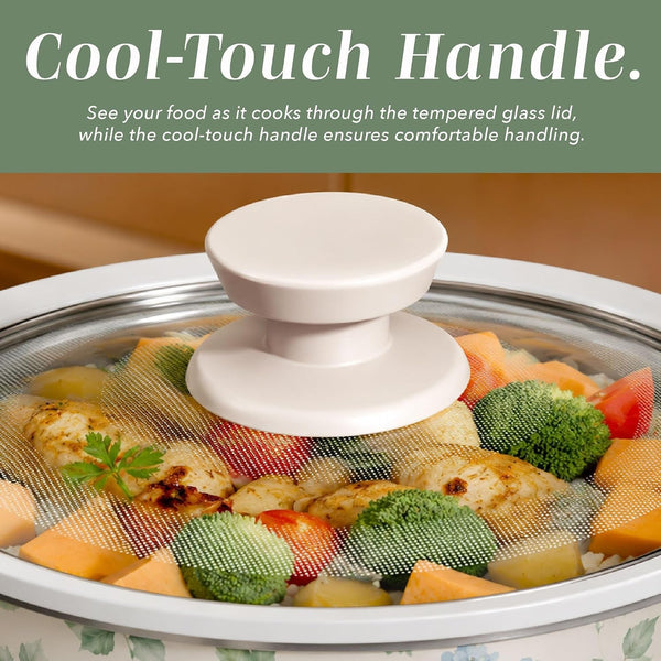 2QT Mini Electric round Slow Cooker - Adjustable Settings, Removable Stoneware Pot, Tempered Glass Lid, Dishwasher Safe, Cool-Touch Side Handles, Floral Blue/Green5