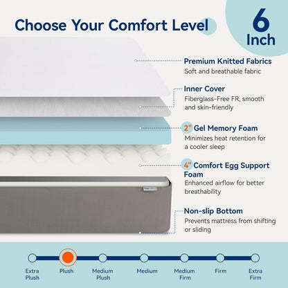 Memory Foam Mattress, Soft Plush Feel, Breathable, 6 Inch, Twin, White/Grey4