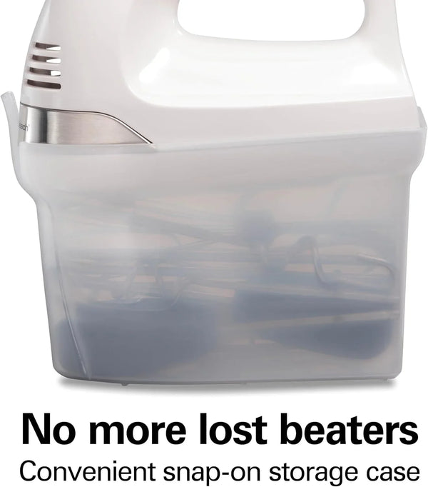 6-Speed Electric Hand Mixer with Easy Clean Beaters | Traditional Beaters | Dough Hooks | Whisk | Snap-On Storage Case | 275 Watt Motor | White | 62636J3