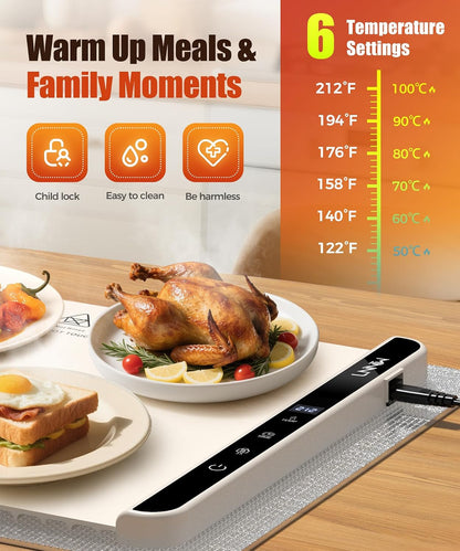 Warming Mat for Food, 26X15 Inch, off White, Fast Heat, Child Lock | Includes Heat-Resistant Pad. Perfect for Chafing Dishes, Buffet & Parties. Easy to Clean & Store. 6 Settings, Timer & Lock.3