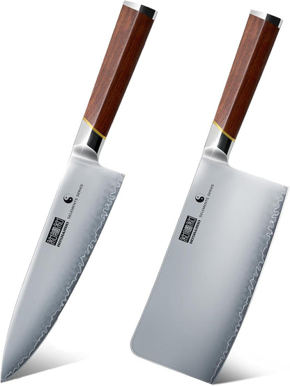 8 Inch Chef Knife and 7 Inch Cleaver Knife, Multipurpose Meat Vegetable Sharp Kitchen Knife with Ergonomic Red Sandal Woodhandle1