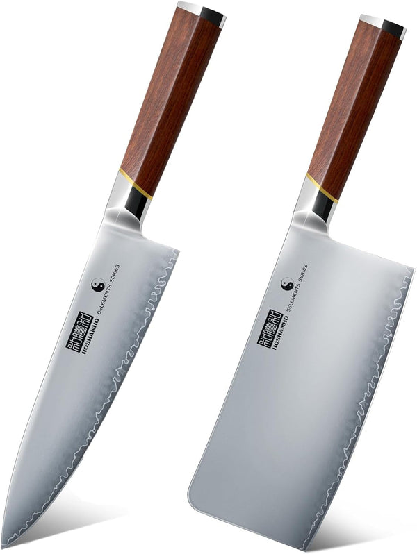8 Inch Chef Knife and 7 Inch Cleaver Knife, Multipurpose Meat Vegetable Sharp Kitchen Knife with Ergonomic Red Sandal Woodhandle1