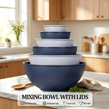 BPA Free Plastic round Mixing Bowl with Lids, 12 Pack Nesting Bowls with Lids Set, Microwave and Dishwasher Safe Prep & Serving Bowls Great for Mixing, Baking, Serving (Haze Blue, 12Pcs)10