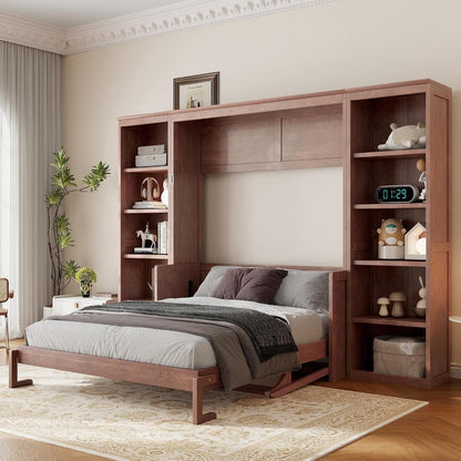 Murphy Bed Full Size,Space-Saving Hideaway Wall Bed with Desk and Bookshelf,Murphy Bed W/Slat Support,Bedroom Folding Bedframe for Guest Room,Dark Brown4