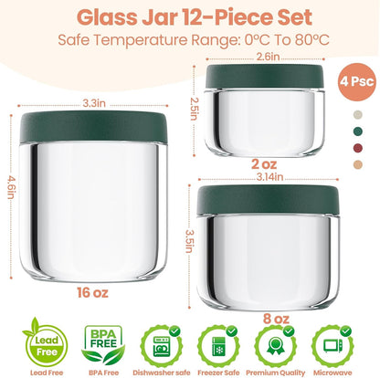12Pack Overnight Oats Containers with Lids, 16Oz, 8Oz & 4Oz Glass Jars with Airtight Lids, Wide Mouth Mason Salad Jars, Glass Food Storage Containers for Yogurt Chia Pudding Snacks Cereal & Spices2