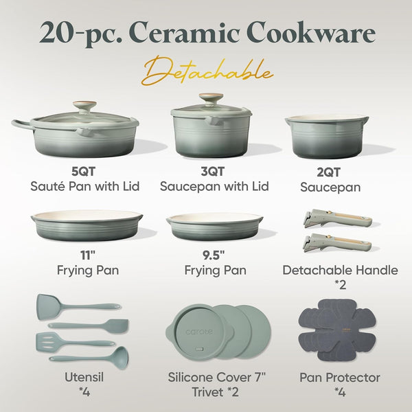 20Pcs Titanium Cookware Set, Pots and Pans Set Detachable Handle | Non-Stick, Non-Toxic, PFAS and PFOA Free, Induction Compatible, Dishwasher & Oven Safe, Space Saving, Camping Cooking, Green2