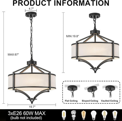 20" Farmhouse Modern Chandeliers for Dining Room Black Drum Chandelier Kitchen Island Light Fixtures, Large Pendant Light with Fabric Shade for Living Room Bedroom3
