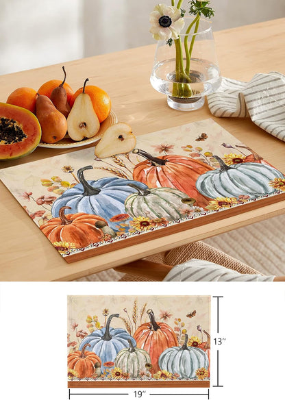 Fall Leaves Pumpkin 90Inch Table Runner with Placemats Set, Thanksgiving Farmhouse Washable Non-Slip Cotton Linen Table Runners and Heat Resistant Matching Table Mat Set for Dining Table/Kitchen6