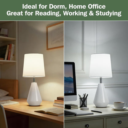 Small Bedside Table Lamp for Bedroom - Reading Desk Lamp with 3 Color Temperatures，15.5" Nightstand Ceramic Lamp with Fabric Shade for Kids Room,Living Room,Dorm,Home Office (White)3
