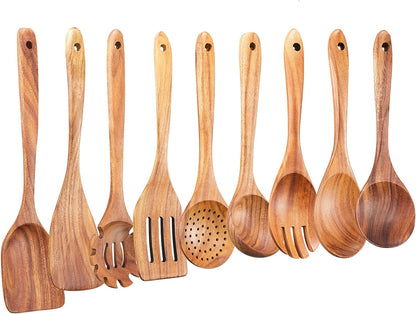 Wooden Kitchen Utensils Set, 9 PCE Natural Teak Wooden Spoons for Non-Stick Pan for Cooking,1
