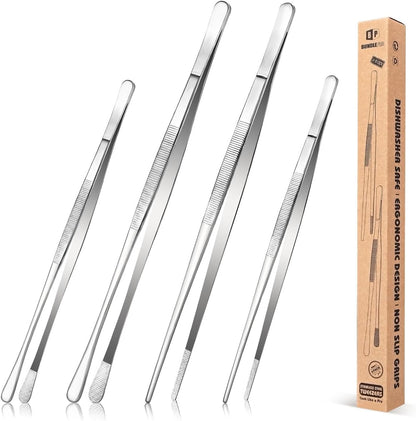 4 Pcs Fine Long Tweezer Tongs Professional Silver, 12'' and 10'' Stainless Steel for Kitchen, Food, Cooking, Repairing, Sea Food and BBQ1