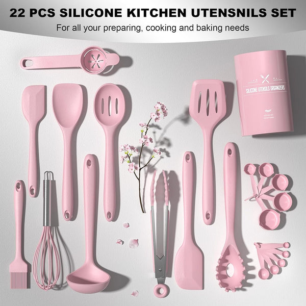 22-Piece Silicone Cooking Utensils Set, Heat Resistant & Dishwasher Safe Kitchen Tools, Non-Scratch Spatula Set for Nonstick Cookware (Pink)5