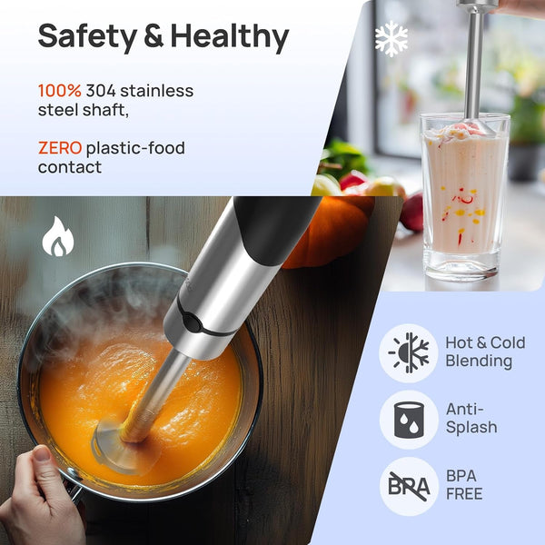 4 in 1 Immersion Hand Blender Max 1100W, Trigger Speed Control | Corded Stick Emulsifier with Entire Stainless Steel Blender Shaft, for Blending, Beating, Frothing, Mixing & More, Non-Bpa5