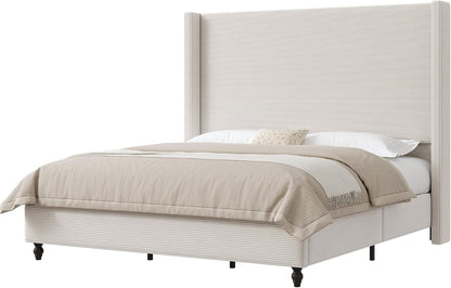 Queen Upholstered Bed Frame with 63" Headboard & Wingback, Cream9