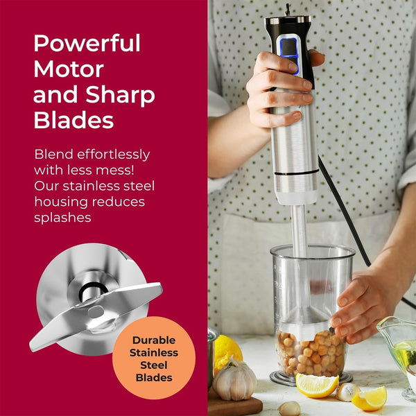 living Ultra-Stick Immersion Hand Blender, 500W Heavy Duty Motor, 8-Speed Turbo Setting, Includes Blending Shaft, Whisk, Milk Frother & Measuring Beaker | 500W Heavy Duty Motor | 8-Speed Turbo Setting | Includes Blending Shaft, Whisk, Milk Frother & Measuring Beaker5