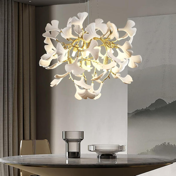 23.6'' Gold and White Ceramic Ginkgo Leaf Chandeliers, Modern Tree Branches Chandeliers, Dining Room Chandelier over Table, round Chandelier for Living Room,Foyer, Kitchen, Bathroom, Bedroom1