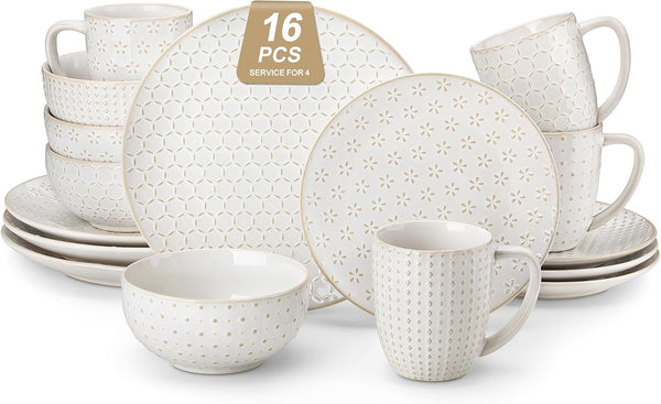 16 Pieces Dinnerware Set, Farmhouse Style Stoneware Plates and Bowls Sets for 4, Embossed Boho Ceramic Dish Set with Mugs, Microwave & Dishwasher Safe, Series LYDIA1