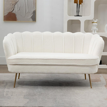 59" Small Modern Chenille Loveseat Sofa, 2-Seater Sofa with Gold Metal Legs, Small Couch with Flower Shaped Back for Living Room Bedroom Office (Ivory)8