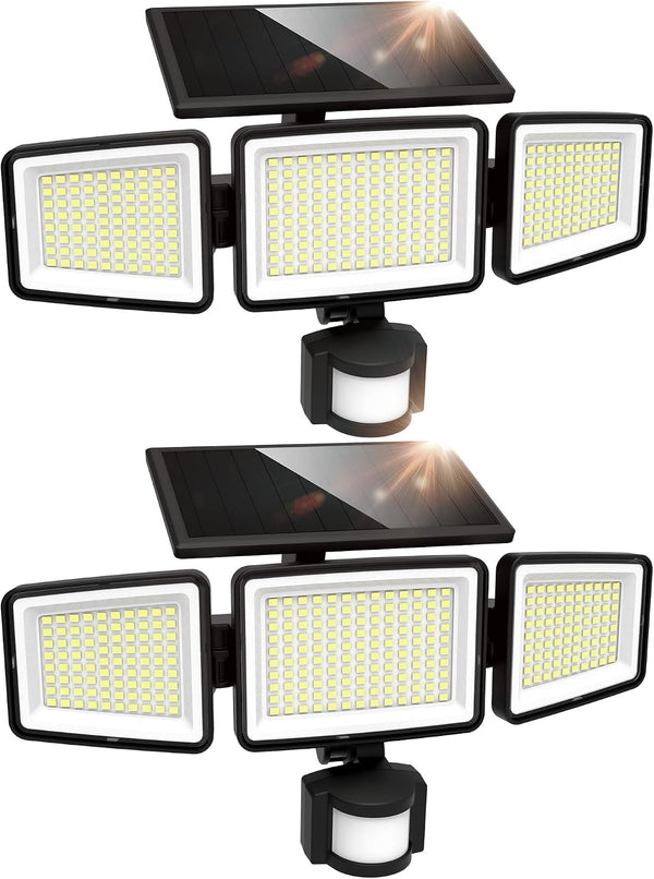 Solar Outdoor Lights 302 LED 3000LM, IP65 Waterproof Motion Sensor Outdoor Lights, 3 Heads Solar Security Flood Lights 270 Wide Lighting Angle with 3 Modes for Garden Patio Yard - 2 Pack1