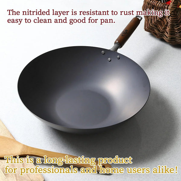 燕鉄器 Nitrided Flat-Bottom Wok with Handle, Woks, Stir Fry Pans 12.99 Inch 33Cm4
