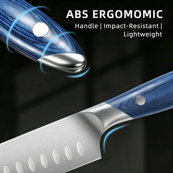 7 Inch Stainless Steel Kitchen Santoku Knife, Blue Pakkawood Handle6