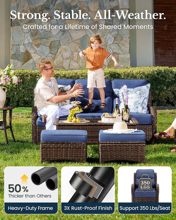 6-Piece Luxury Patio Furniture Set with 6" Thick Cushions, Weather-Resistant Wicker High Back Swivel Rocker Chairs, Senior-Friendly Outdoor Sofa Set for Large Deck, Yard and Poolside, Blue(V2)6