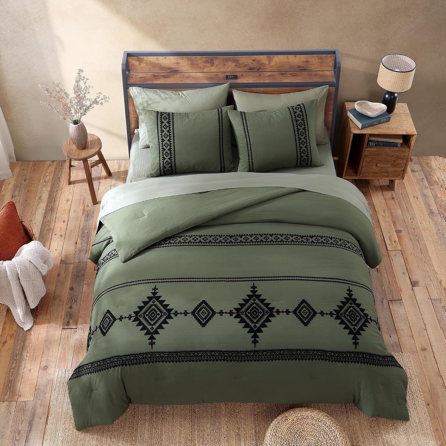 embroidery-queen-comforter-set-7-pieces-olive-green-bed-in-a-bag