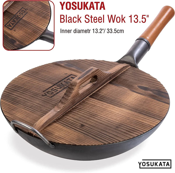 Carbon Steel Wok Pan 13,5 “ + Premium Wok Cover 13.5 Inch Pan Lid + Natural Wooden Long Cooking Chopsticks Set of 3 Pairs7