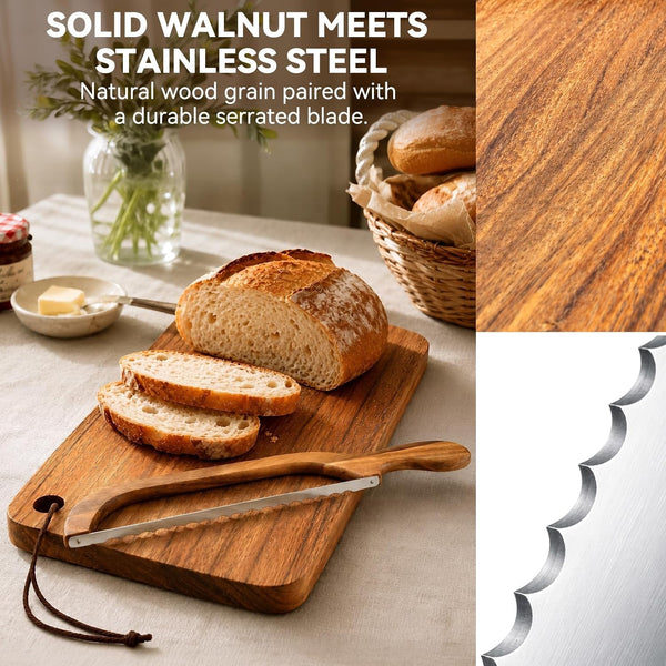 Premium Walnut Bread Cutting Board and Knife Set, Curved Serrated Bread Knife for Homemade Bread, Sourdough Bread Board with Magnetic Knife Storage3
