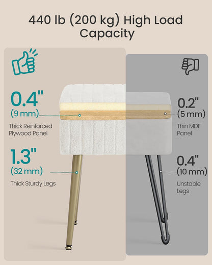 SONGMICS Vanity Stool Chair Faux Fur with Storage, Vanity Bench, Metal Legs, Adjustable Feet, for Living Room, Bedroom, Makeup Room, Cream White ULOM505WZ026