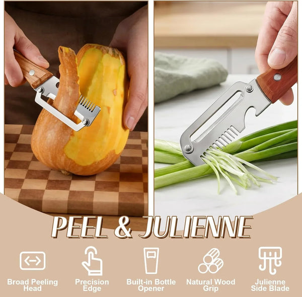 2026 Upgrade Vegetable Peeler with Wooden Handle, Stainless Steel Wide Blade Potato and Carrot Peeler, 3-In-1 Veggie Peeler with Scallion Shredder and Bottle Opener for Kitchen, Camping and Travel2