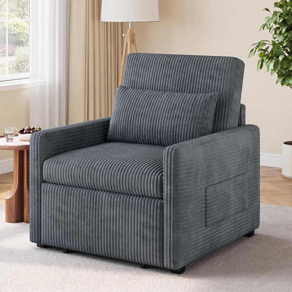 3 in 1 Pull Out Sleeper Chair, 75.2” Corduroy Single Sofa, Dark Gray4